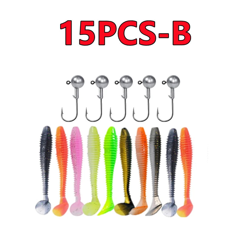 Soft Silicone Fishing Lure Kit — Worms, Craws & Jig Heads Set (15–50pcs)