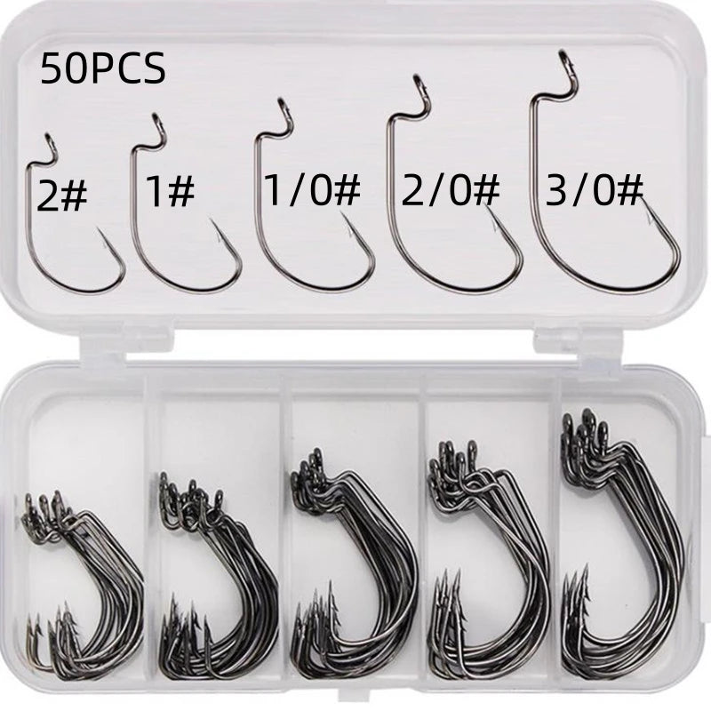 Fishing Hook Set 50pcs — High Carbon Steel Wide Gap Offset Hooks