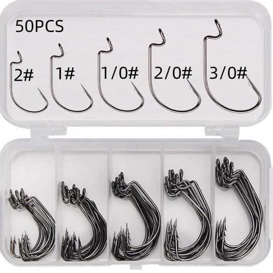 Fishing Hook Set 50pcs — High Carbon Steel Wide Gap Offset Hooks