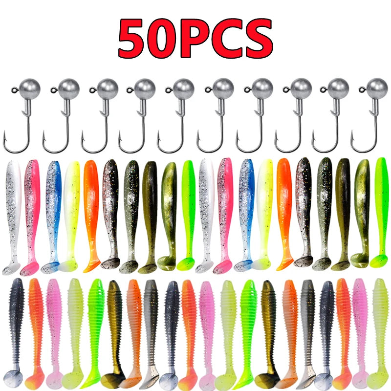 Soft Silicone Fishing Lure Kit — Worms, Craws & Jig Heads Set (15–50pcs)