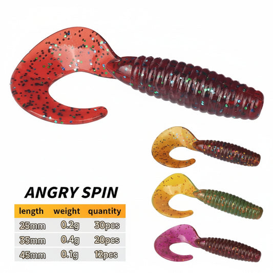 Angry Spin Silicone Worm — 25/35/45mm Grub Lure for Bass & Perch