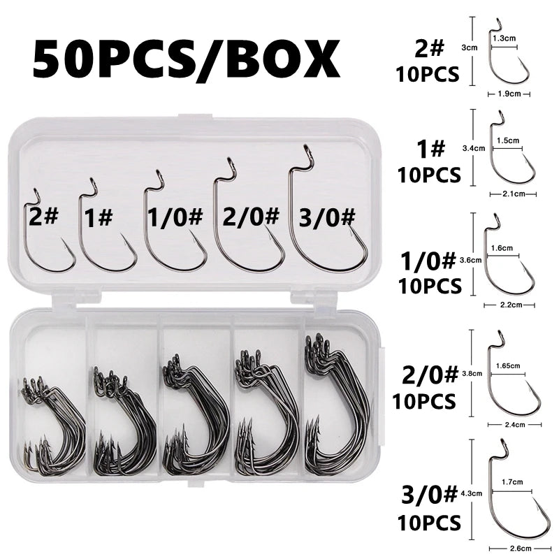 Fishing Hook Set 50pcs — High Carbon Steel Wide Gap Offset Hooks