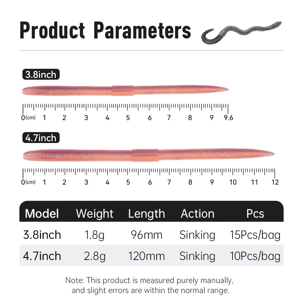 Earthworm Soft Lure 15pcs — 96mm/120mm Flatfish & Bass Bait