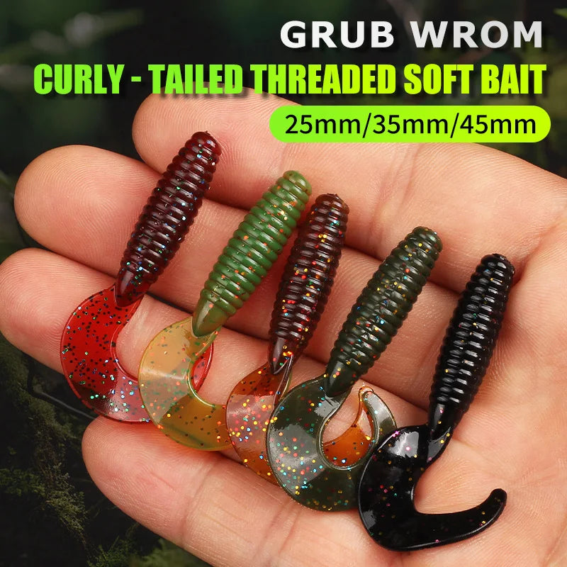 Angry Spin Silicone Worm — 25/35/45mm Grub Lure for Bass & Perch